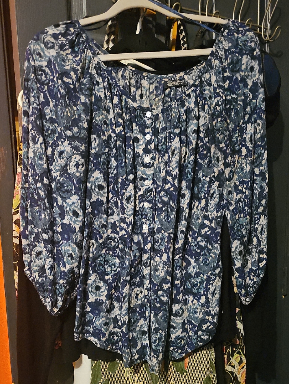 Lucky Brand Navy Blue Floral Button-Front Peasant Blouse